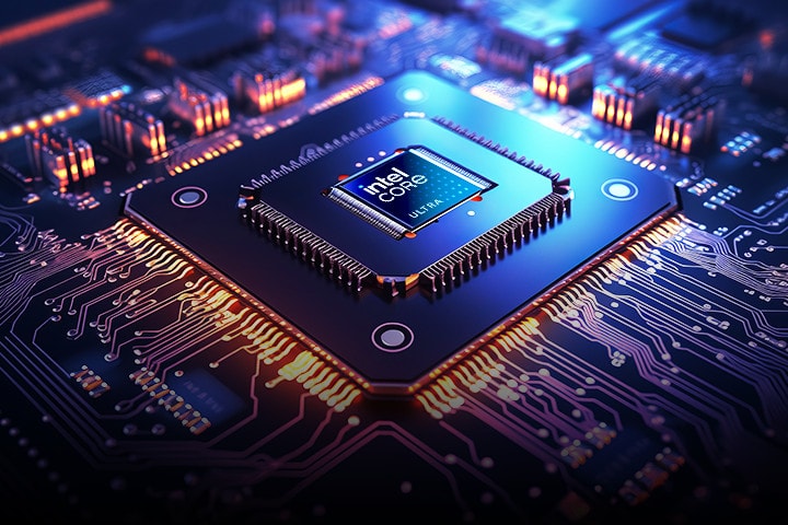 Nahaufnahme eines Intel Core Ultra-Prozessors, der in eine Hightech-Platine eingebettet ist. Der Chip ist von einem komplexen Schaltkreis mit leuchtenden orangen und blauen Lichtern umgeben, was eine futuristische und leistungsstarke ?sthetik erzeugt.