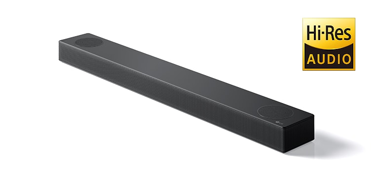 "Vollst?ndige Abbildung der LG Soundbar mit dem LG-Logo in der unteren rechten Ecke des Produkts.  Das Logo von Hi-Res AUDIO wird rechts oben im Bild angezeigt."