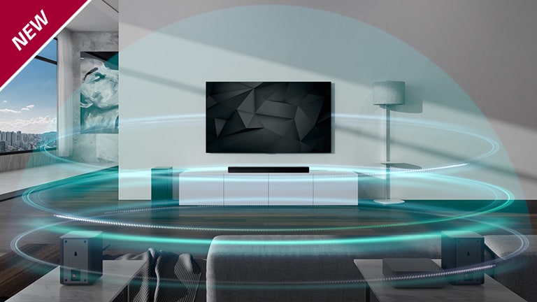 In drei Lagen umgeben blaue kuppelf?rmige Klangwellen einen Fernseher und eine Sound Bar, die sich in einem Wohnzimmer befinden. In der linken oberen Ecke steht ?NEU“.