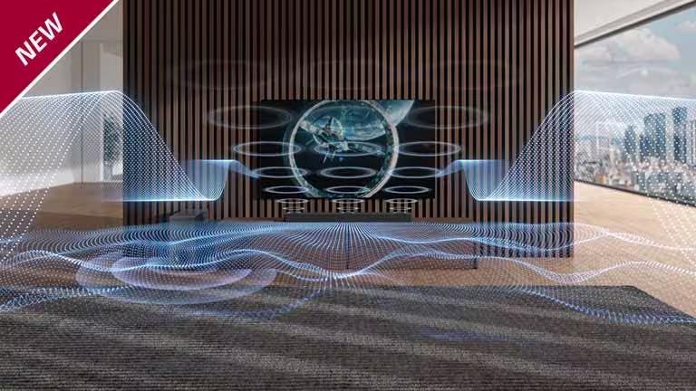 Unterschiedlich grafisch dargestellte blaue Klangwellen gehen von Sound Bar und Fernsehger?t aus. In der linken oberen Ecke steht ?NEU“.