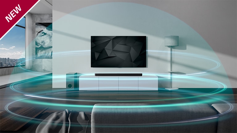In drei Lagen umgeben blaue kuppelf?rmige Klangwellen einen Fernseher und eine Sound Bar, die sich in einem Wohnzimmer befinden. In der linken oberen Ecke steht ?NEU“.