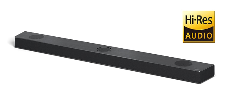 Vollst?ndige Abbildung der LG Soundbar mit dem LG-Logo in der unteren rechten Ecke des Produkts. Das Logo von Hi-Res AUDIO wird rechts oben im Bild angezeigt.