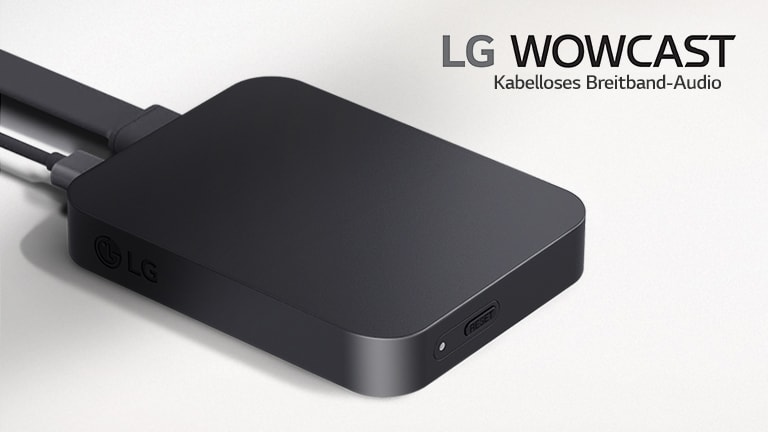 Eine rechtsseitige Schr?gansicht der WOWCAST von oben. WOWCAST wurde vor einem hellgrauen Hintergrund platziert. Das Produktlogo LG WOWCAST befindet sich oberhalb des Textes.