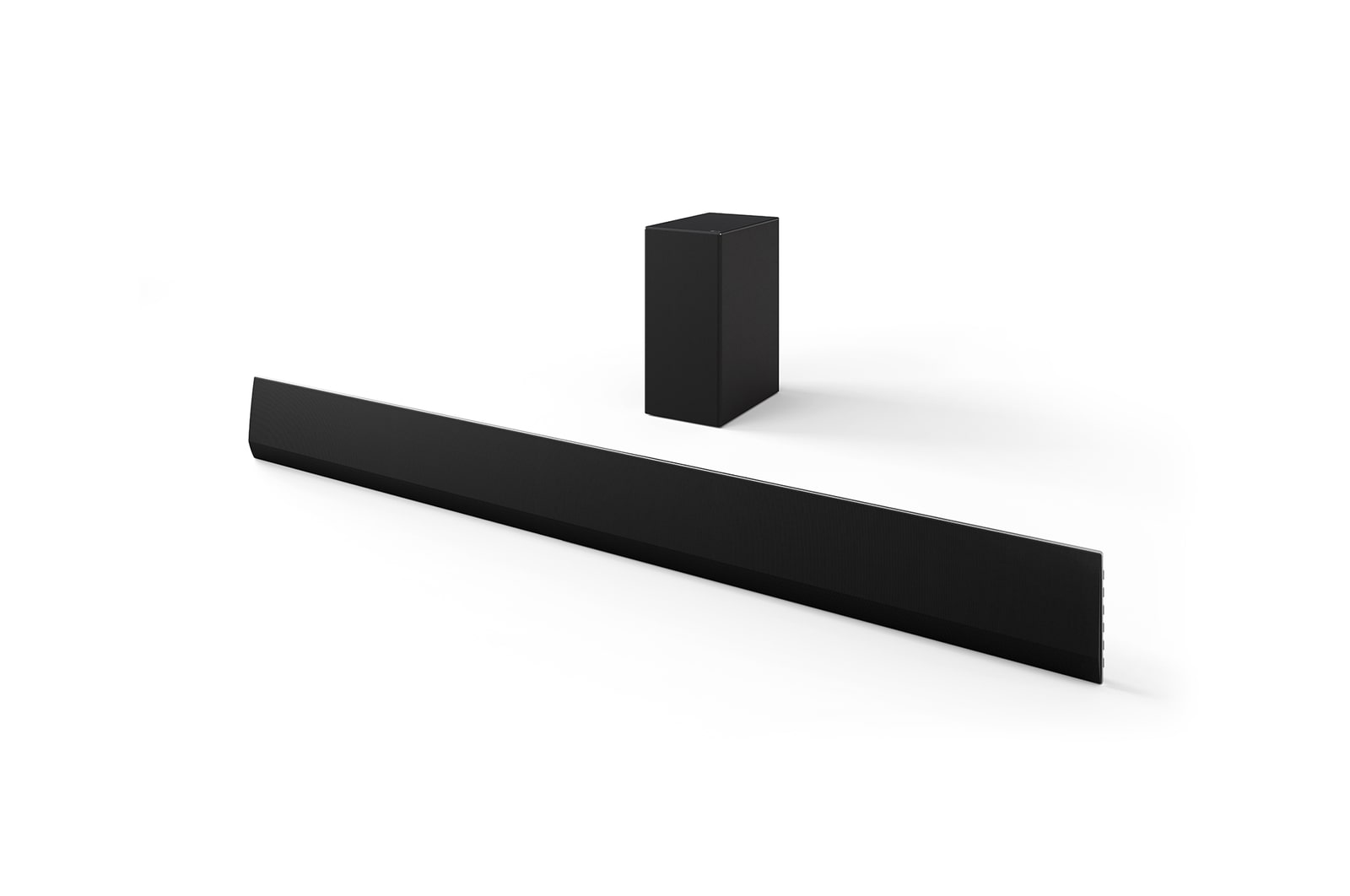 Schr?gansicht der LG Soundbar SG10TY und des Subwoofers