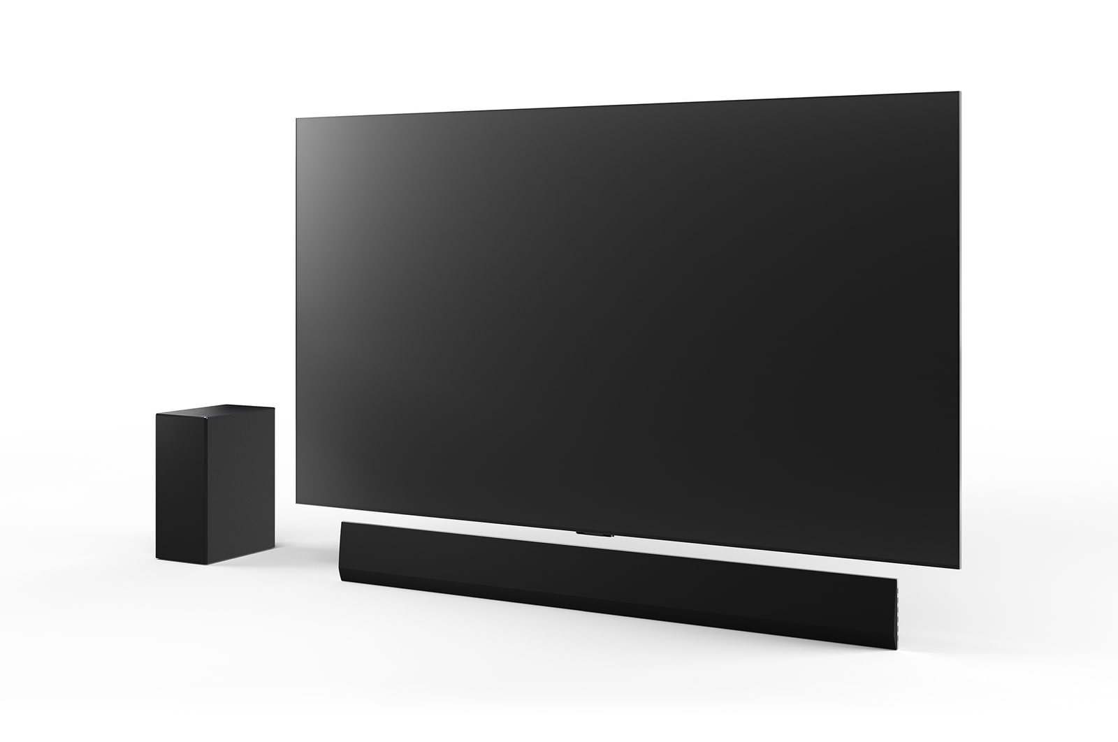 Schr?gansicht des 77 Zoll LG OLED G4, der LG Soundbar SG10TY und des Subwoofers