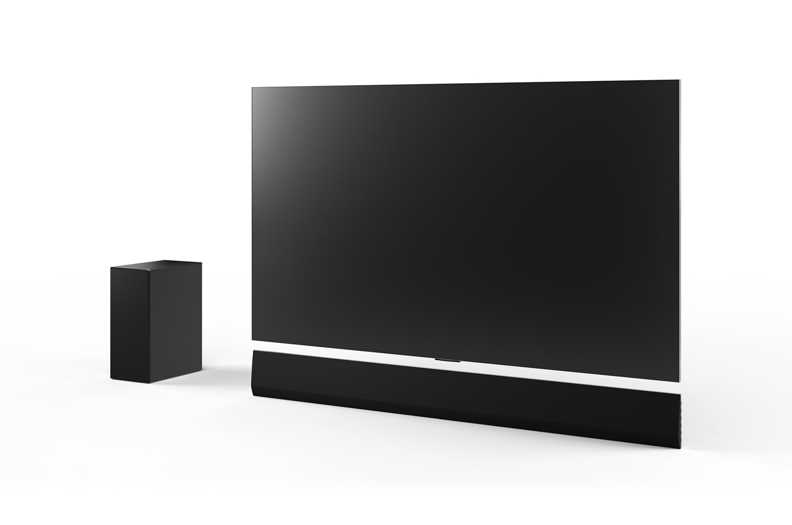 Schr?gansicht des 65 Zoll LG OLED G4, der LG Soundbar SG10TY und des Subwoofers