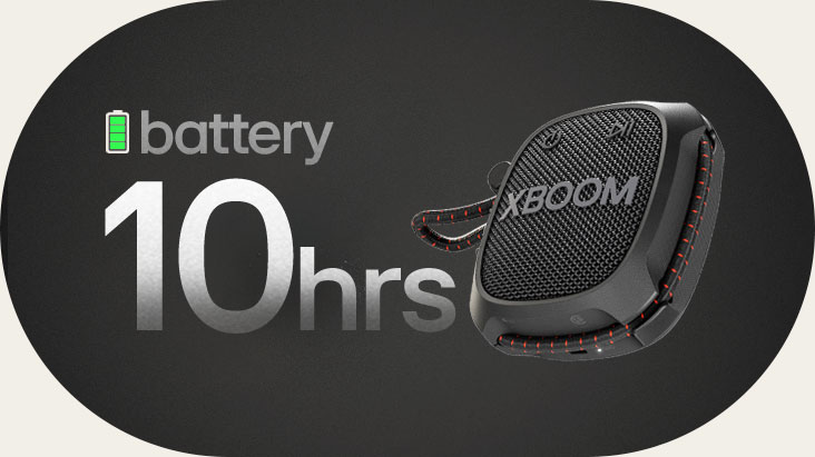 LG XBOOM Go XG2 befindet sich in einem unendlichen Raum und zeigt eine Akkulaufzeit von 10?Stunden.