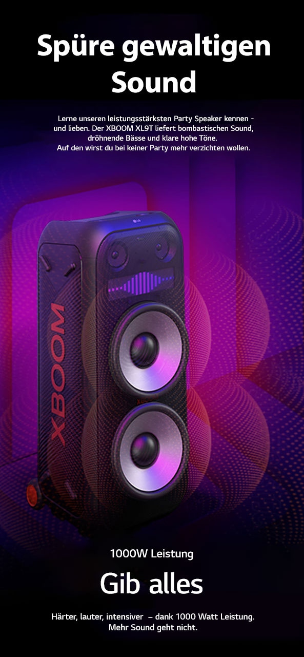 LG XBOOM XL9T ist im unendlichen Raum zu sehen. An der Wand sind quadratische Klanggrafiken abgebildet. In der Mitte des Lautsprechers ist ein 8-Zoll-Subwoofer angebracht, um den gewaltigen Klang von 1000?W zu unterstreichen. Klangwellen kommen aus dem Subwoofer heraus. 