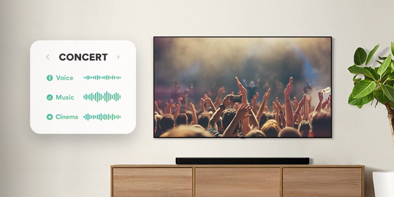 An der Wand befestigter TV. Der TV zeigt Menschen, die bei einem Konzert klatschen, anschlie?end wird zuerst zu einer Filmszene mit einem fahrenden Auto in einem Wald umgeschaltet und dann zu den Nachrichten. Die LG Soundbar steht direkt unter dem TV auf einem beigefarbenen Regal (Video abspielen).