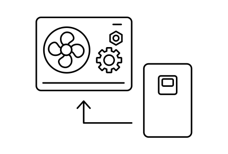 Das Au?enger?t oben links enth?lt einen Ventilator und Zahnr?der, w?hrend rechts ein Innenger?t steht. Ein Pfeil vom Innenger?t zeigt zum Au?enger?t.