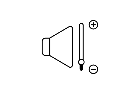 Ein dreieckiges Megafon auf der linken Seite und ein Balken auf der rechten Seite mit einem Plus-Symbol oben und einem Minus-Symbol unten, das auf niedrige Lautst?rke hinweist.