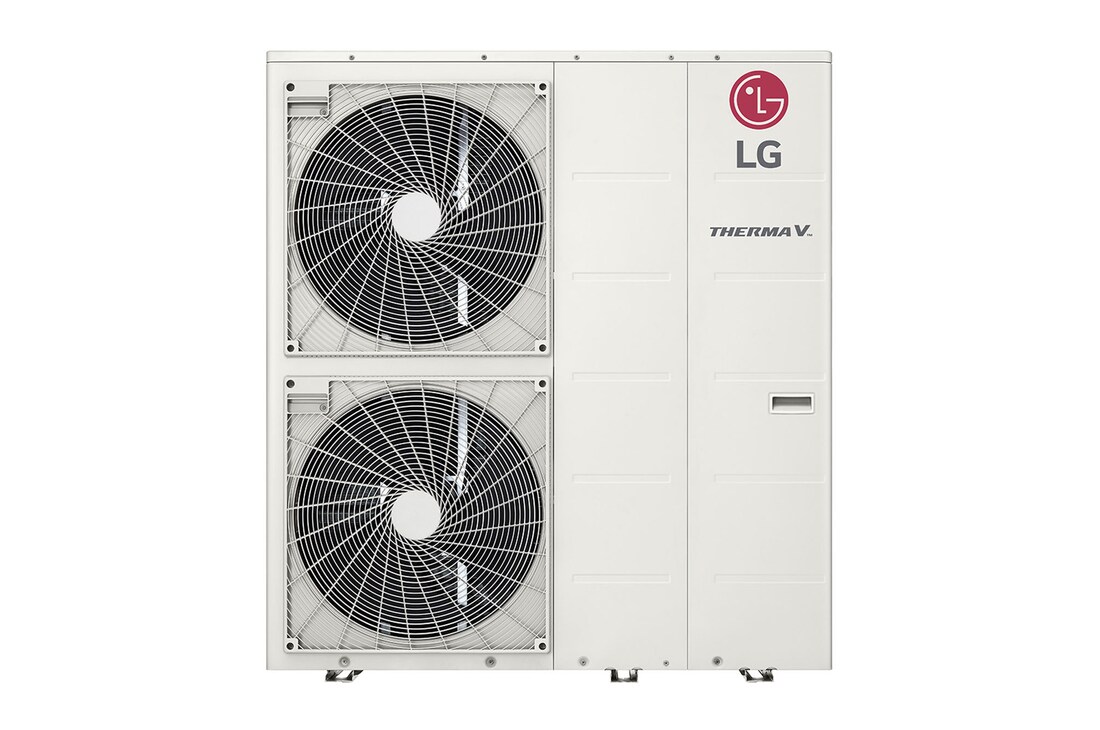Vorderansicht des wei?en rechteckigen LG R32 Monoblock S mit zwei runden Lüftern in vertikaler Richtung und LG-Logo oben rechts.