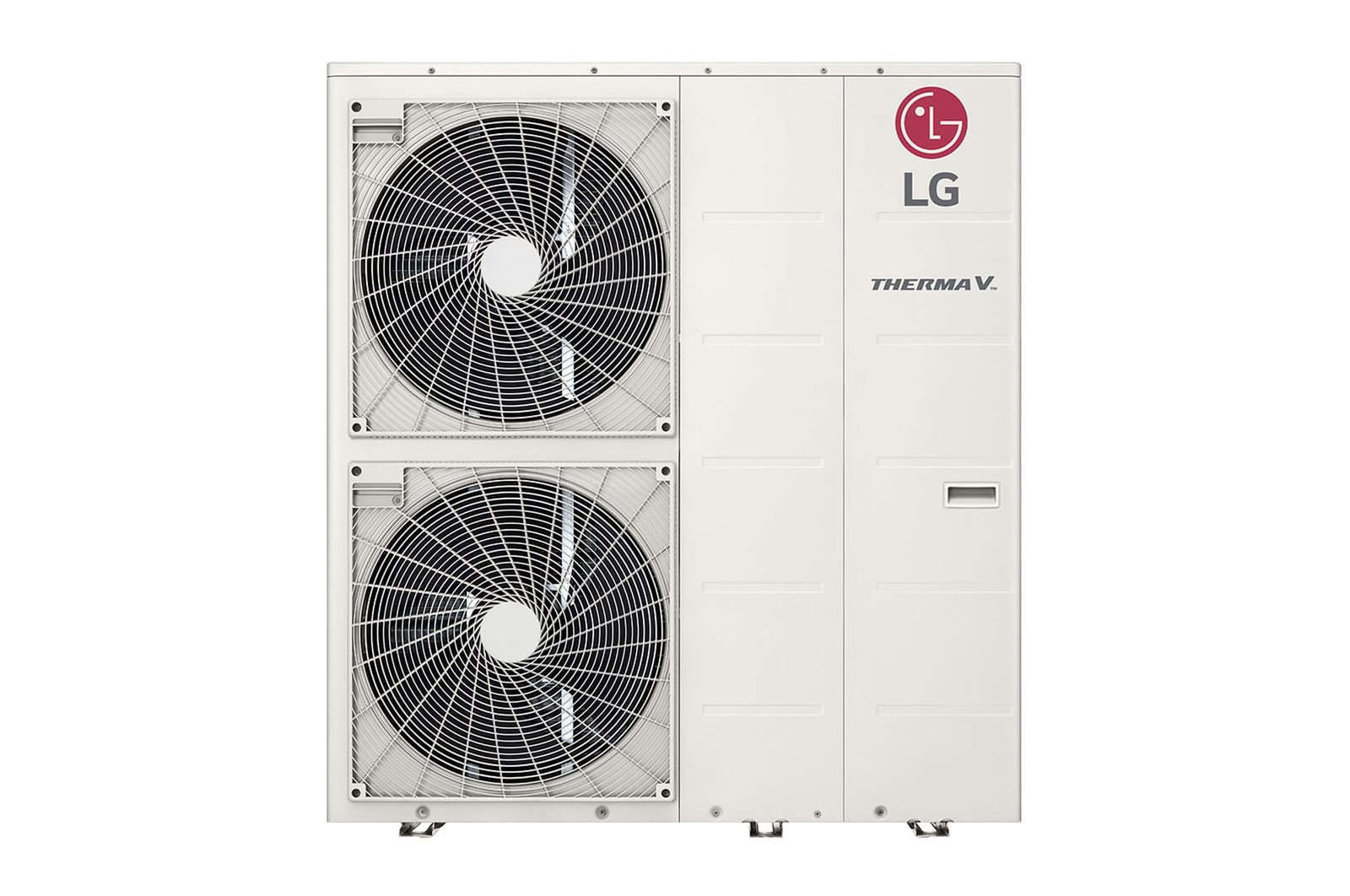 Vorderansicht des wei?en rechteckigen LG R32 Monoblock S mit zwei runden Lüftern in vertikaler Richtung und LG-Logo oben rechts.