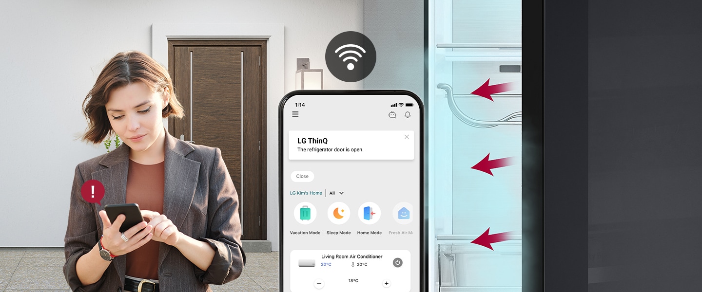 Auf der linken Seite kommt die Frau nach Hause und prüft mit dem Smartphone den Zustand des Kühlschranks. In der Mitte ist ein Smartphone-Bildschirm zu sehen. Auf der rechten Seite ist der Kühlschrank ge?ffnet und der kühlende Wind kommt aus der Tür.