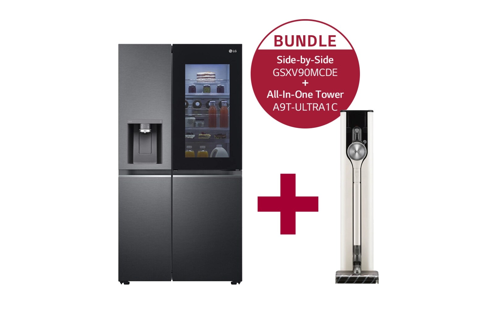 Vorderseite von Side-by-Side Kühlschrank mit InstaView Door-in-Door? (E, 635L, 179cm hoch) &amp; Staubsauger All-In-One Tower im Set | GSXV90MCDE.A9T1C GSXV90MCDE.A9T1C