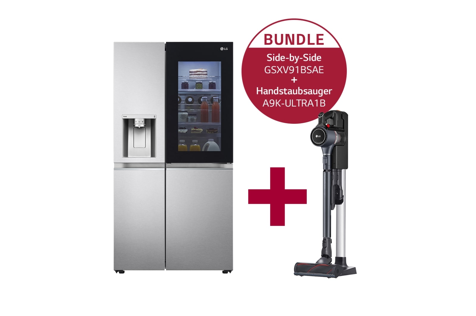 LG Side-by-Side mit InstaView Door-in-Door ? | Eis-, Crushed Ice- und Wasserspender | 635 Liter Kapazit?t | Interner Wassertank 4L | Brushed Steel | GSXV91BSAE & Handstaubsauger mit zwei Akkus I Full Black I Wischaufsatz I LG CordZero? A9K-ULTRA1B, GSXV91BSAE.A9K1B