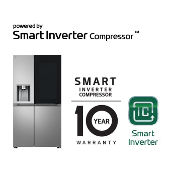 Produktabbildung mit Smart Inverter Compressor?-Logo  und ?10 Jahre Garantie“-Logo.