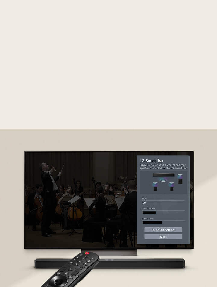 Die LG-Fernbedienung zeigt auf einen LG TV mit einer LG Soundbar darunter. Auf dem Bildschirm des LG TVs wird das Menü der WOW-Oberfl?che angezeigt.