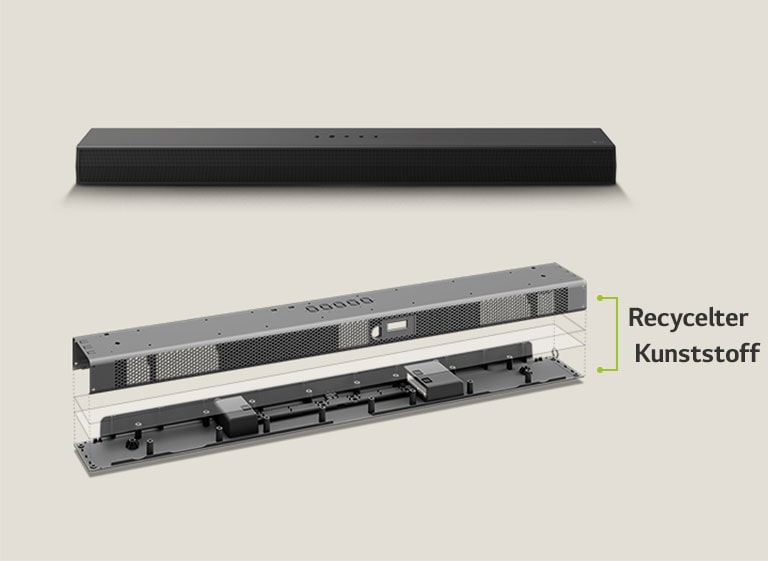 Es gibt eine Frontalperspektive der Soundbar von hinten und eine Abbildung des Metallrahmens der Soundbar von vorne. Ein schr?ger Blick auf die Rückseite des Metallrahmens der Soundbar mit der Aufschrift ?Recycelter Kunststoff“ an der Kante des Rahmens.