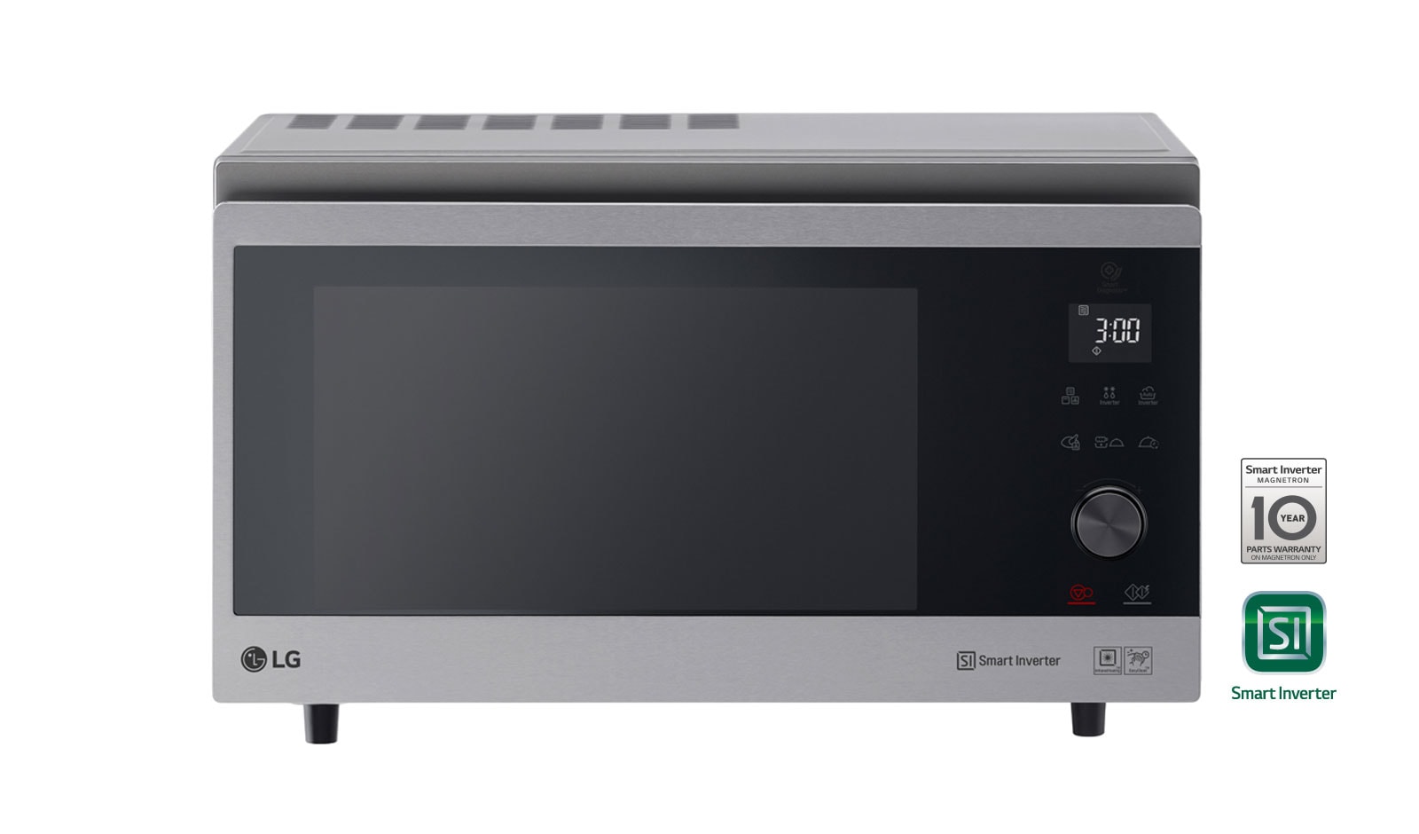 Vorderansicht der 39 L & 1350 Watt Mikrowelle mit Hybrid-Hei?luftofen Silber MJ3965ACS  