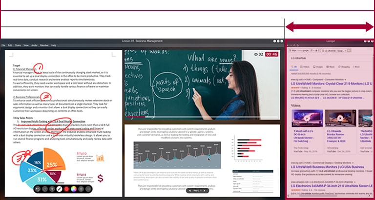 Mehr Bildschirmfl?che durch die 21:9-UltraWide-Anzeige im Vergleich zur 16:9-Anzeige bei laufendem Online-Unterricht auf dem Bildschirm.