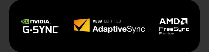 Logos von NVIDIA G-SYNC, VESA AdaptiveSync?-Zertifizierung und AMD FreeSync Premium.	