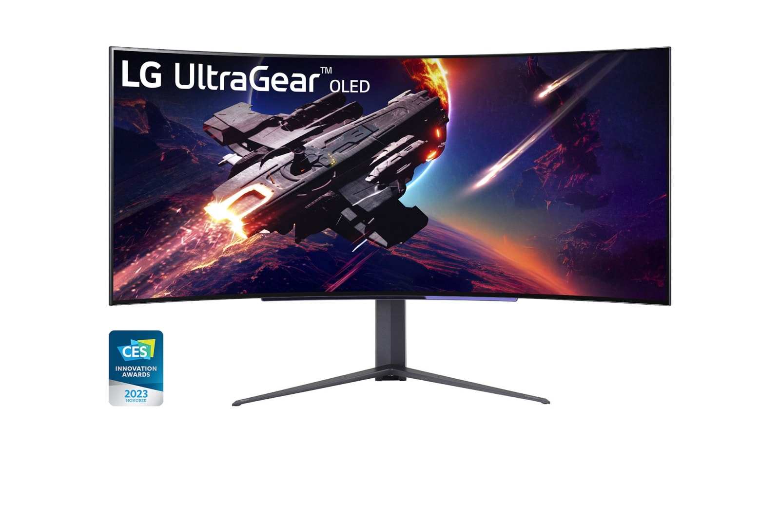 LG UltraGear OLED, ein 240Hz-Gaming-Monitor, der mit dem CES 2023 Award ausgezeichnet wurde und eine Raumschiff-Grafik zeigt.