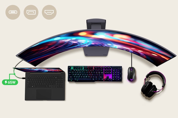 In der Mitte des Schreibtisches befindet sich ein 45-Zoll-Gaming-Monitor, um den herum verschiedene IT-Ger?te platziert sind. 
