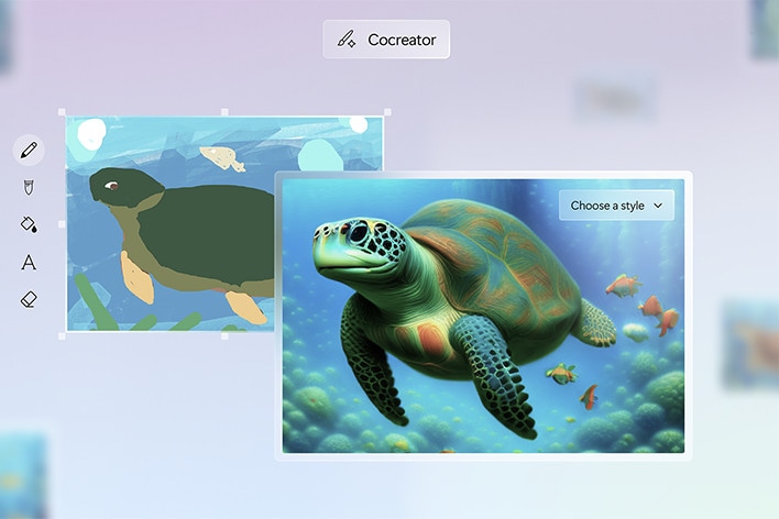 Auf einem Laptop-Bildschirm erscheint ein Pop-up mit der Aufschrift ?Copilot Cocreator“. Auf der linken Seite des Bildschirms ist eine einfache Skizze zu sehen, auf der rechten Seite die KI-generierte, vollst?ndig detaillierte Version des Bildes.