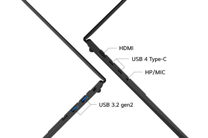 Das Bild zeigt die seitlichen Anschlüsse eines Laptops, einschlie?lich HDMI, USB 4 (Thunderbolt? 4) und USB 3.2 Gen2. Es zeigt die vielseitigen M?glichkeiten der Konnektivit?t des Laptops.