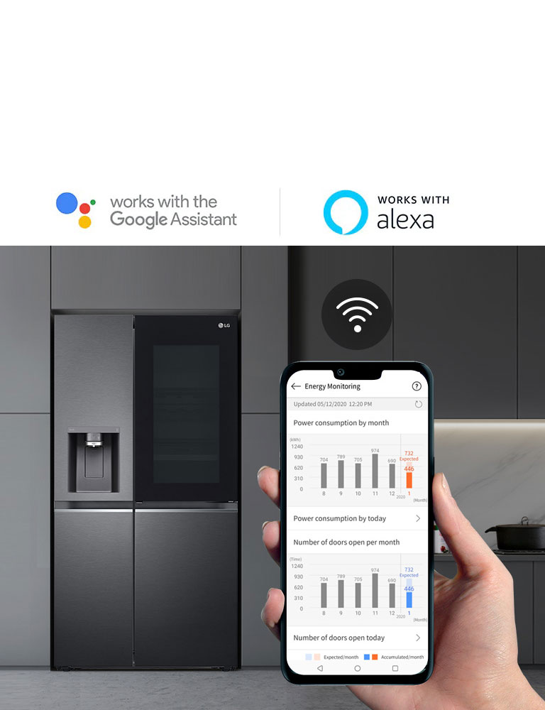 Im Hintergrund ist eine Küche mit Kühlschrank zu sehen, im Vordergrund eine Hand, die ein Telefon h?lt, auf dem die App LG ThinQ App anzeigt wird. Die App zeigt die Wartungsstatistiken an. über dem Telefon befindet sich das WLAN-Symbol.