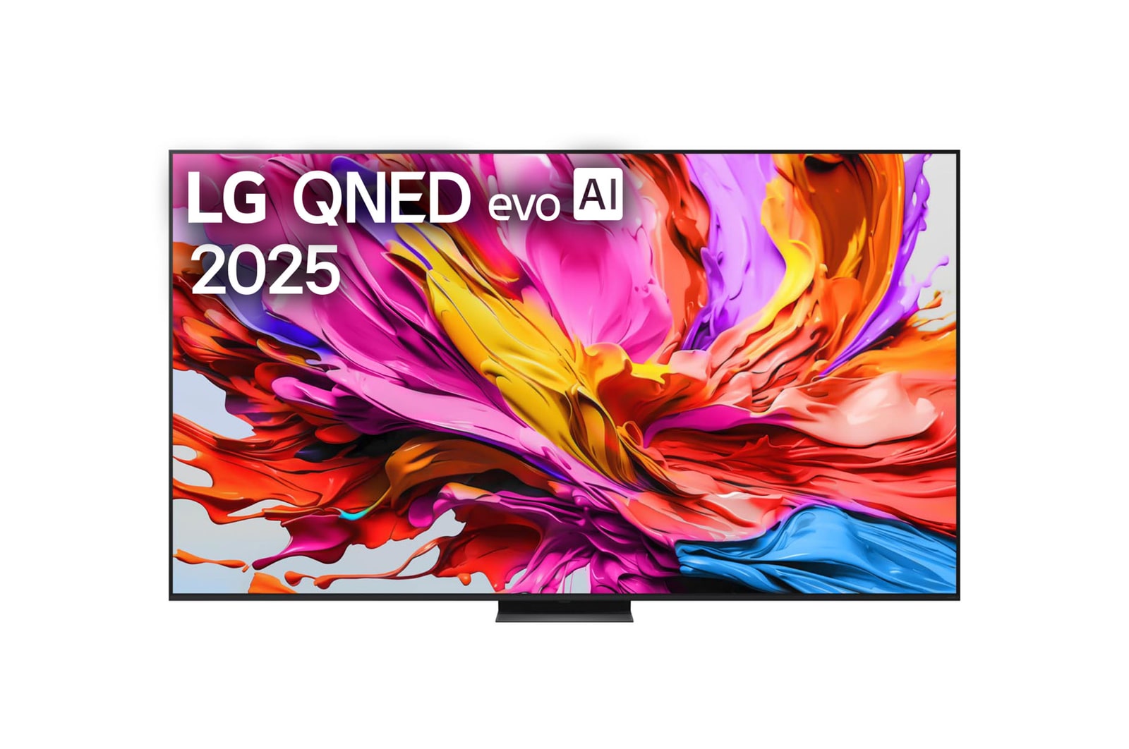 Frontansicht des LG QNED evo TV, LG QNED evo Al Logo in der oberen Ecke. LG QNED evo TV zeigt bunte Paintike-Texturen, die zusammenkommen.