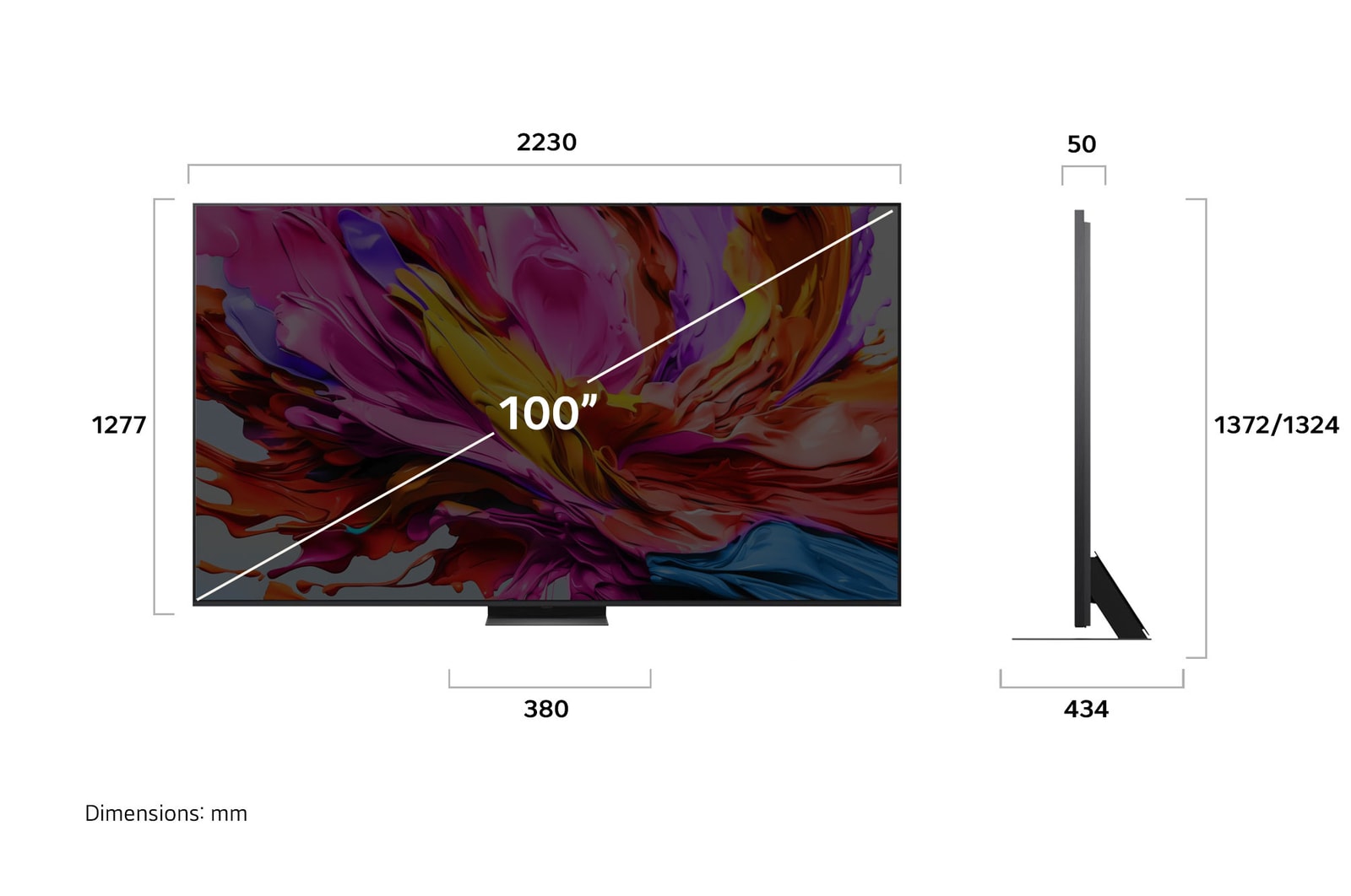 Frontansicht und Seitenansicht des LG QNED evo AI 4K Smart TV mit den Abmessungen L?nge, Breite, H?he und Tiefe.