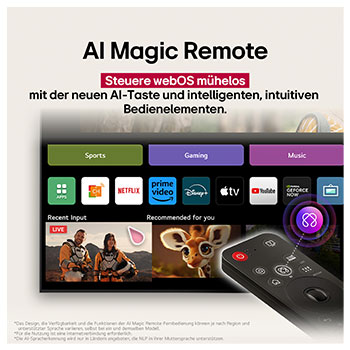 LG AI Magic Remote im Vordergrund. Das AI-Tastensymbol ist hervorgehoben. Im Hintergrund ist die LG webOS-Oberfl?che zu sehen. Der Mauszeiger zeigt an, dass die Fernbedienung in Gebrauch ist. Der Text erkl?rt, wie die Funktionen und Bedienelemente der Fernbedienung das Navigieren in webOS erleichtern. 