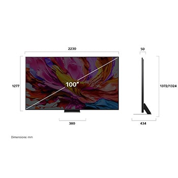 Frontansicht und Seitenansicht des LG QNED evo AI 4K Smart TV mit den Abmessungen L?nge, Breite, H?he und Tiefe.