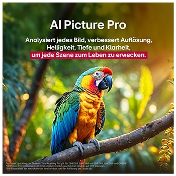 Papagei auf einem Ast in lebendigen Farben. Der Titel beschreibt, wie LG Al Picture Pro die Aufl?sung, Helligkeit, Tiefe und Klarheit der Szene eindrucksvoll verbessert hat.