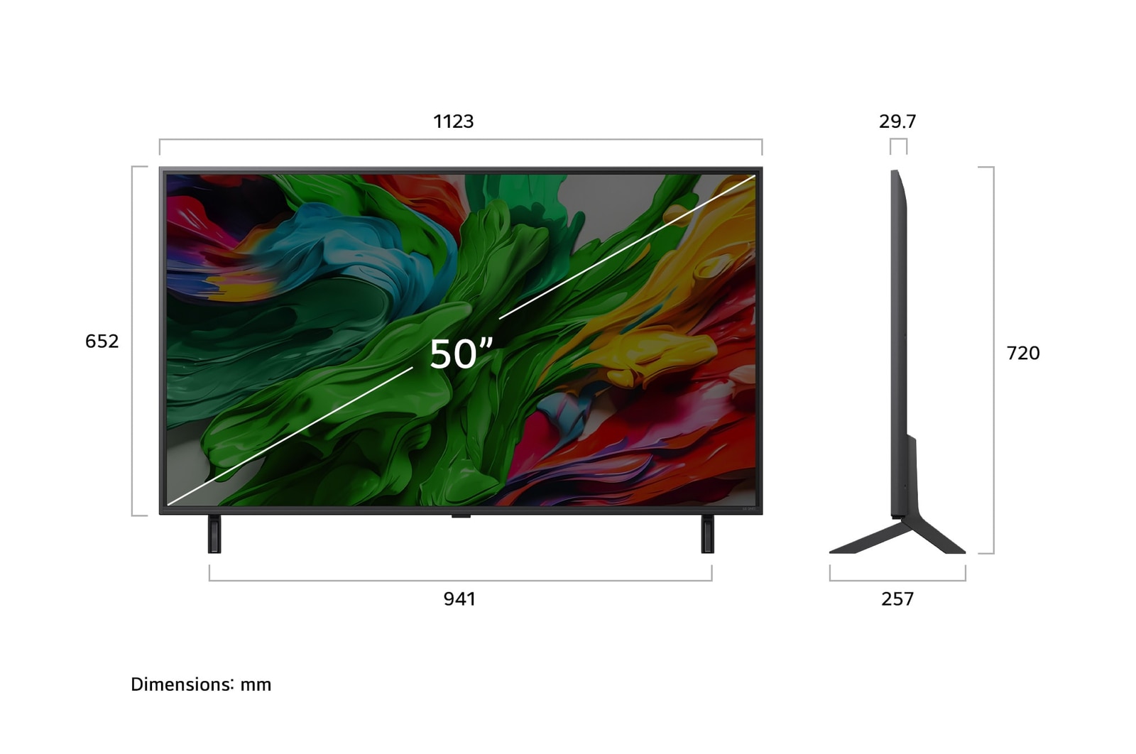 Frontansicht und Seitenansicht des LG QNED evo AI 4K Smart TV mit den Abmessungen L?nge, Breite, H?he und Tiefe.