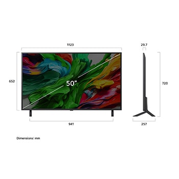 Frontansicht und Seitenansicht des LG QNED evo AI 4K Smart TV mit den Abmessungen L?nge, Breite, H?he und Tiefe.