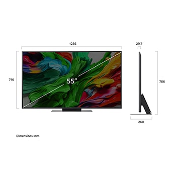 Frontansicht und Seitenansicht des LG QNED evo AI 4K Smart TV mit den Abmessungen L?nge, Breite, H?he und Tiefe.