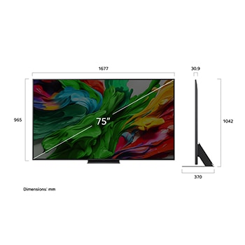 Frontansicht und Seitenansicht des LG QNED evo AI 4K Smart TV mit den Abmessungen L?nge, Breite, H?he und Tiefe.