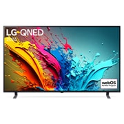 Ansicht der Vorderseite des LG QNED TV, QNED85 mit Text LG QNED und 2024 auf dem Bildschirm