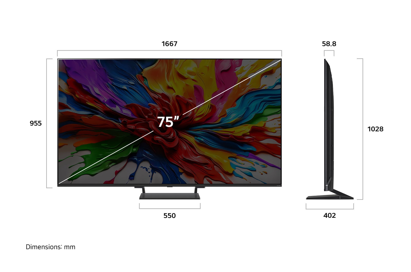 Frontansicht und Seitenansicht des LG QNED evo AI 4K Smart TV mit den Abmessungen L?nge, Breite, H?he und Tiefe.