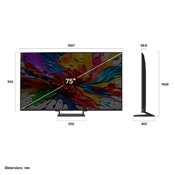 Frontansicht und Seitenansicht des LG QNED evo AI 4K Smart TV mit den Abmessungen L?nge, Breite, H?he und Tiefe.