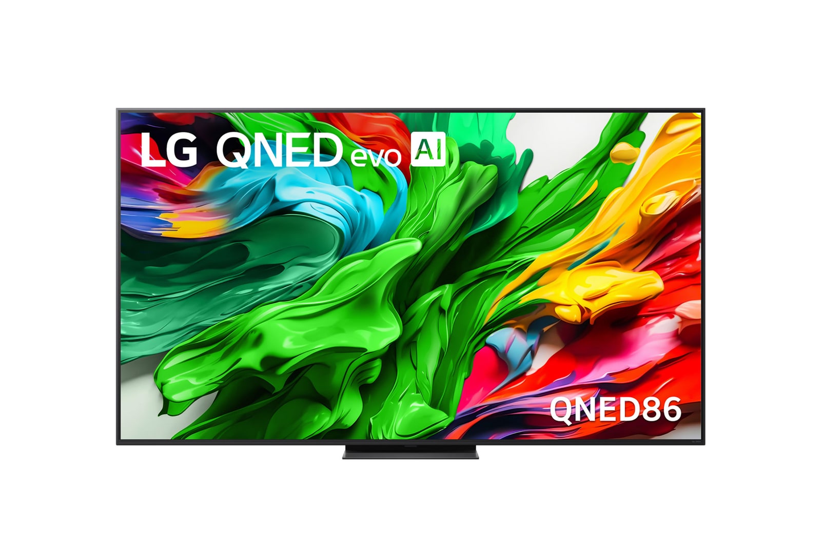 Frontansicht des LG QNED evo TV, LG QNED evo Al Logo in der oberen Ecke. LG QNED evo TV zeigt bunte Paintike-Texturen, die zusammenkommen.