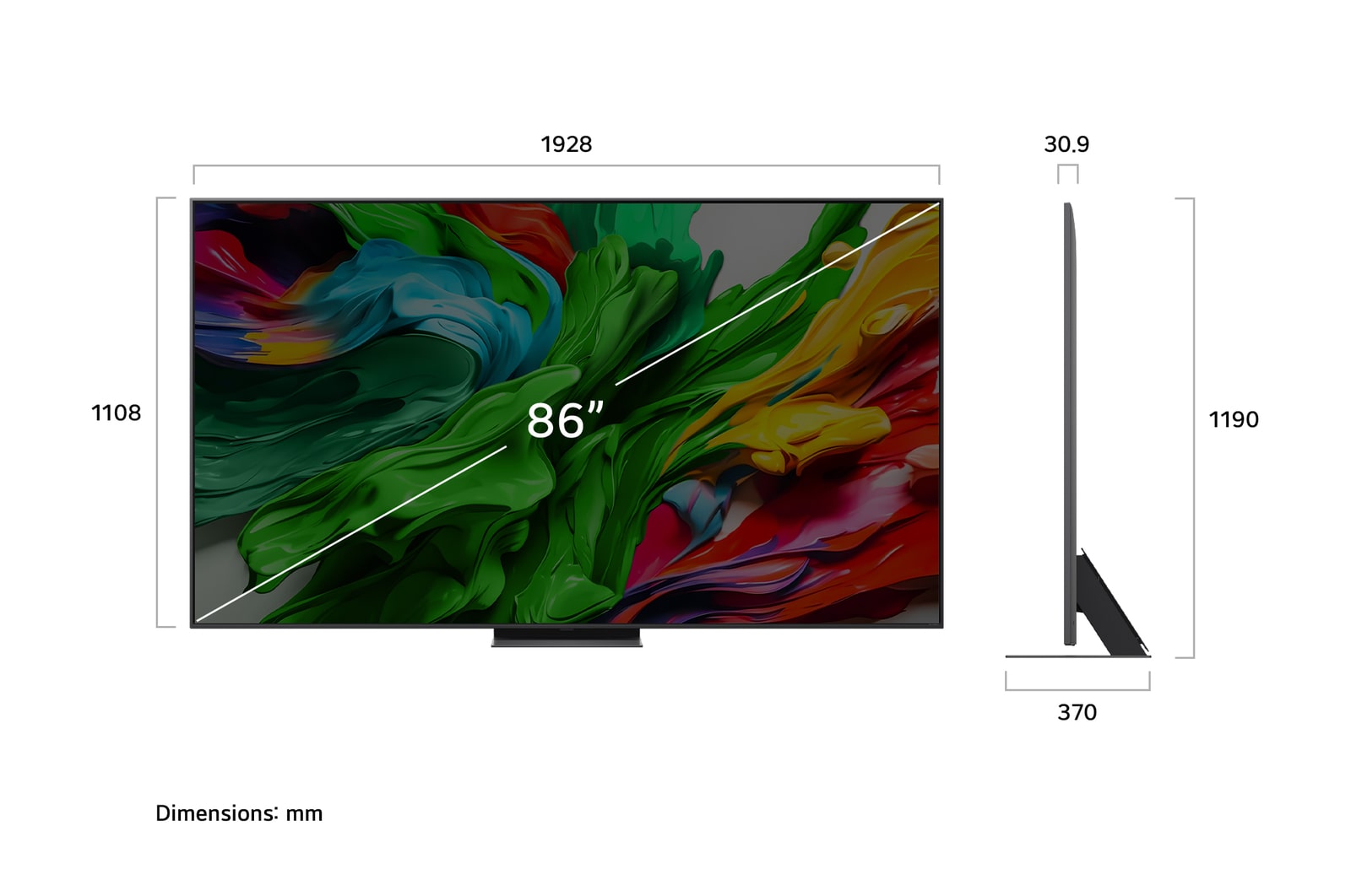 Frontansicht und Seitenansicht des LG QNED evo AI 4K Smart TV mit den Abmessungen L?nge, Breite, H?he und Tiefe.