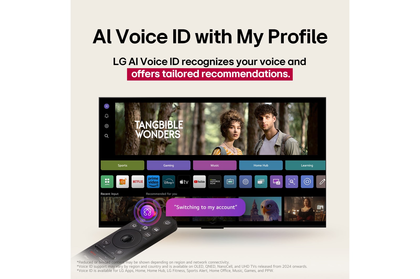 Auf einem LG QNED TV-Bildschirm befindet sich die webOS 25-Startseite, die mit Apps und Unterhaltungsinhalten gefüllt ist. Neben dem Fernseher befindet sich die LG Al Magic Remote. Die Al-Taste ist hervorgehoben, als ob sie durch die Stimme des Benutzers aktiviert würde. Daneben befindet sich eine Sprechblase, die auf mein Konto umschaltet. Der kurze Text erkl?rt, wie Nutzer ihre Stimme mit ihrem pers?nlichen Profil synchronisieren k?nnen, um die Navigation zu erleichtern und personalisierte Empfehlungen zu erhalten.
