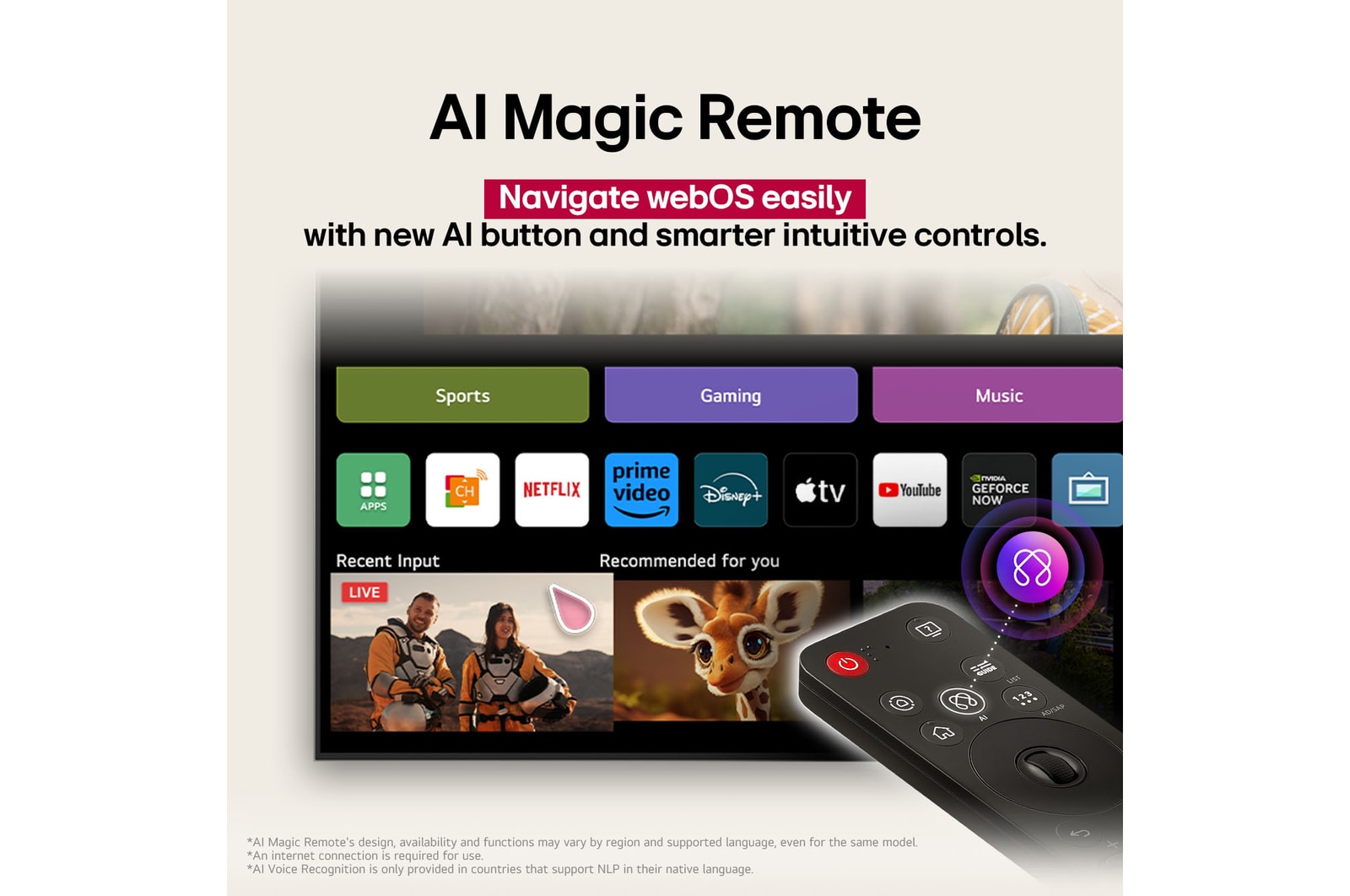 LG AI Magic Remote im Vordergrund. Das AI-Tastensymbol ist hervorgehoben. Im Hintergrund ist die LG webOS-Oberfl?che zu sehen. Der Mauszeiger zeigt an, dass die Fernbedienung in Gebrauch ist. Der Text erkl?rt, wie die Funktionen und Bedienelemente der Fernbedienung das Navigieren in webOS erleichtern. 