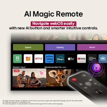LG AI Magic Remote im Vordergrund. Das AI-Tastensymbol ist hervorgehoben. Im Hintergrund ist die LG webOS-Oberfl?che zu sehen. Der Mauszeiger zeigt an, dass die Fernbedienung in Gebrauch ist. Der Text erkl?rt, wie die Funktionen und Bedienelemente der Fernbedienung das Navigieren in webOS erleichtern. 