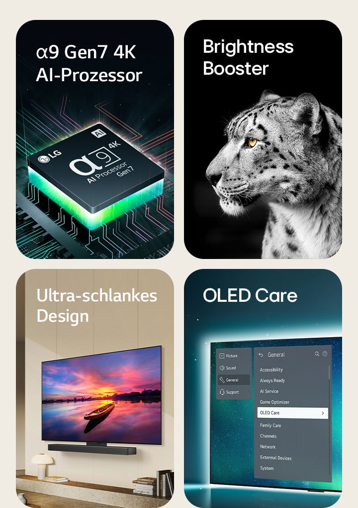 Wir sehen den alpha 9 Gen7 4K AI-Prozessor von LG auf einem Motherboard, der grüne Lichtblitze ausstrahlt.  Brightness Booster mit seitlichem Gesichtsbild eines wei?en Leoparden.  Ultra-schlank und LG Soundbar-f?hig; fach an der Wand eines modernen Wohnraums angebracht.  OLED TV mit dem OLED Care-Menü ist im Support-Menü oben auf dem Bildschirm ausgew?hlt.