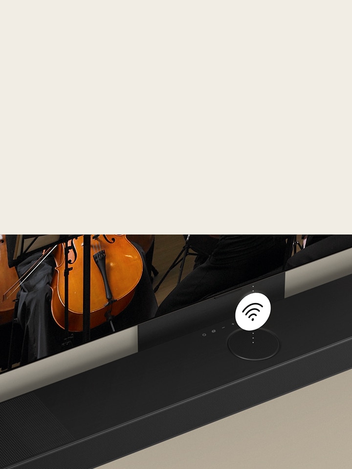 An image of an LG OLED TV and soundbar mounted on the wall with a white Wi-Fi symbol graphic in the middle.LG OLED TV und Soundbar an einer Wand montiert, mit einer wei?en Wi-Fi-Symbolgrafik in der Mitte.	